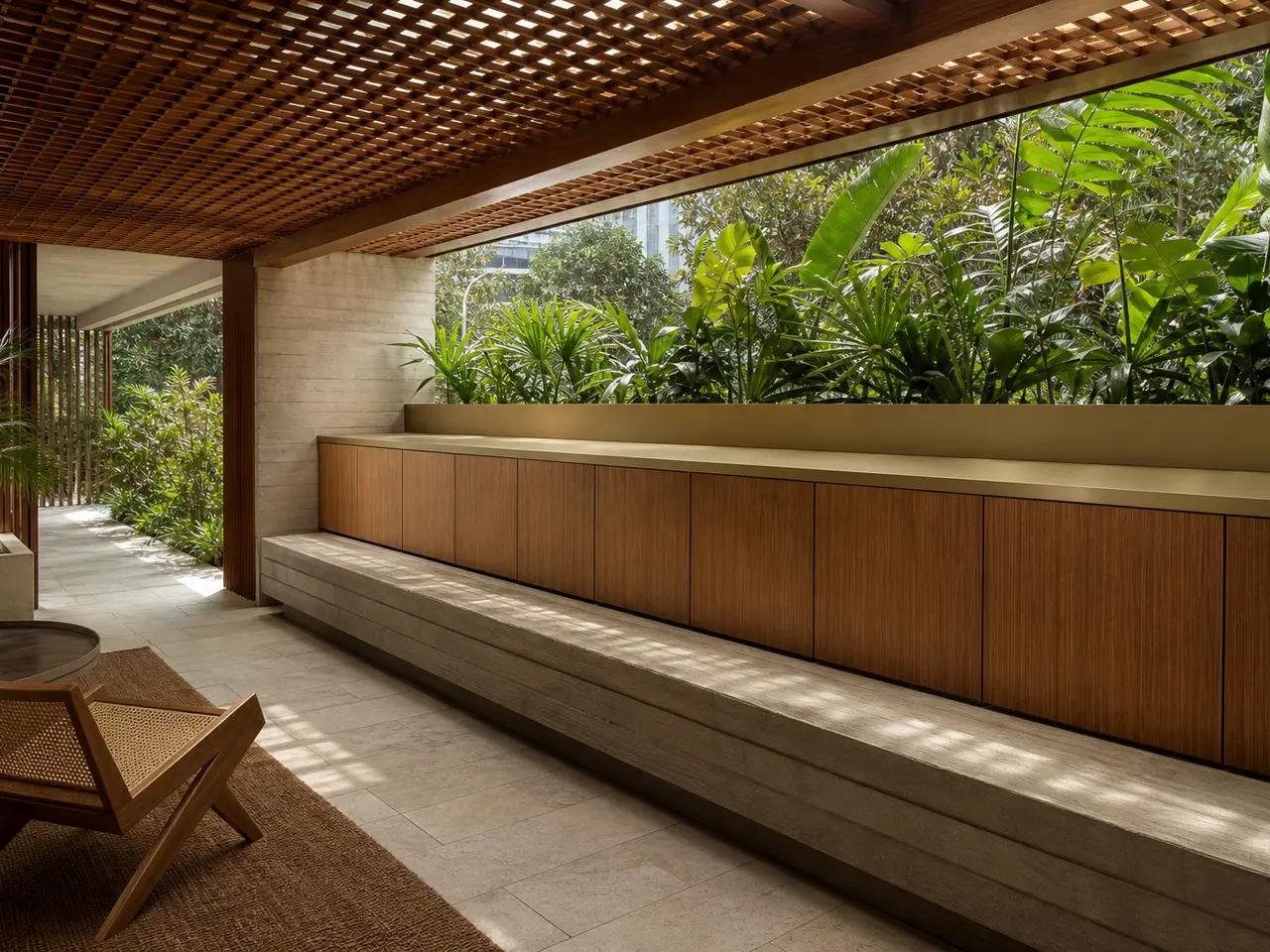 Fadior Cannes Balcony Suite with Champagne Privacy Ledge - 304 stainless steel balcony cabinetry for humidity, laundry overflow, utility storage, and semi-outdoor residential use