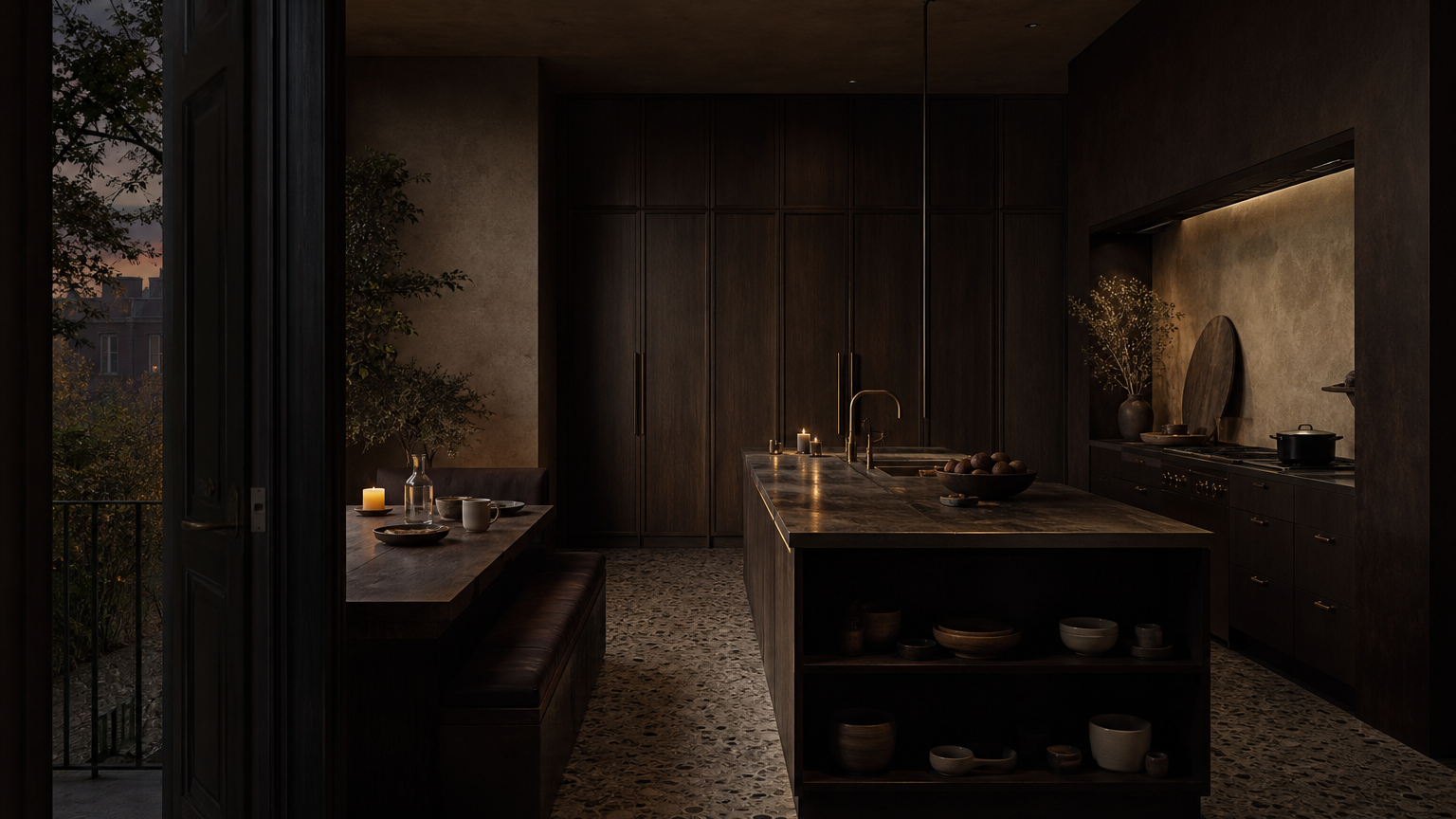 Atmosphere view: monastic dark kitchen routine center with smoked oak storage, long island, and warm dusk light.