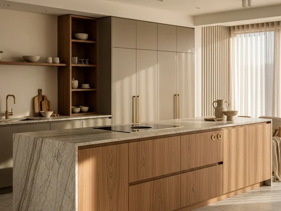 Combinación de Encimera y Armario de Cocina: El Diálogo de Materiales que Define el Lujo en 2026 — editorial de Fadior sobre mobiliario en acero inoxidable 304
