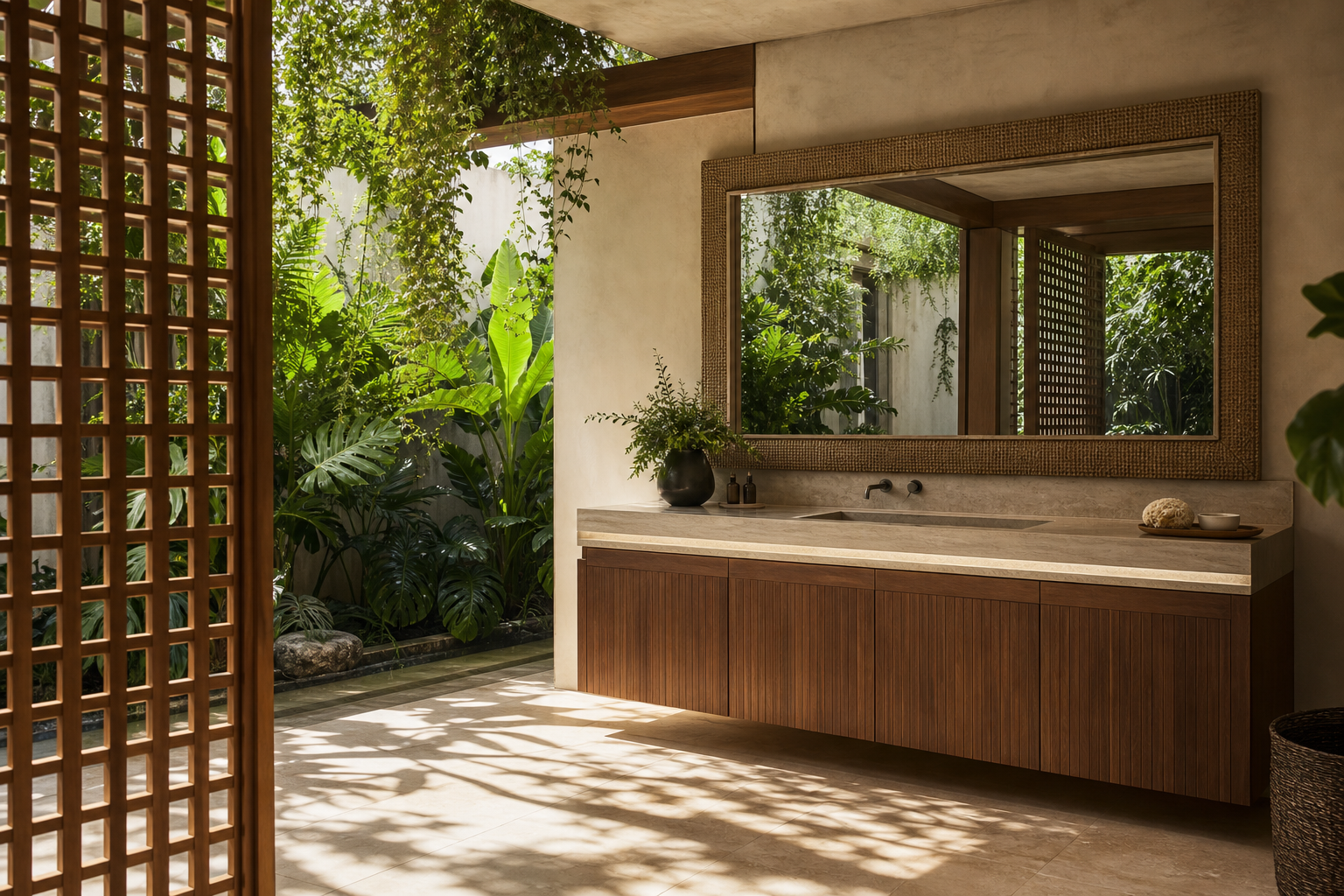 Fadior Alcove Bath and Vanity Suite with Travertine Shadow Basin Rail — lifestyle setting with natural light and residential