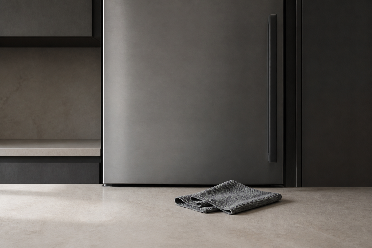 Separate damp and dry gray cloths with a clear rinse bowl on a pale kitchen counter