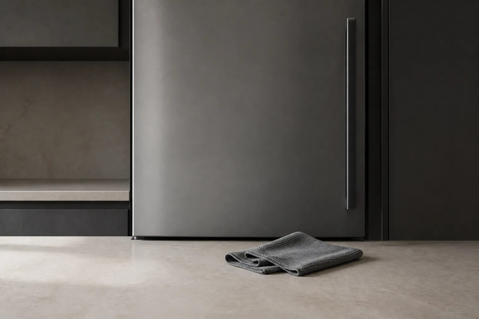 Separate damp and dry gray cloths with a clear rinse bowl on a pale kitchen counter