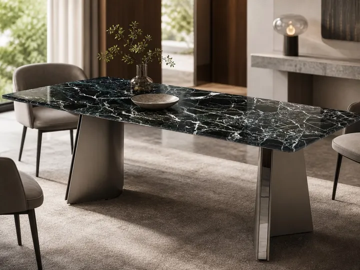 Mesa de comedor de mármol con base en cuña curva 140×80 cm
