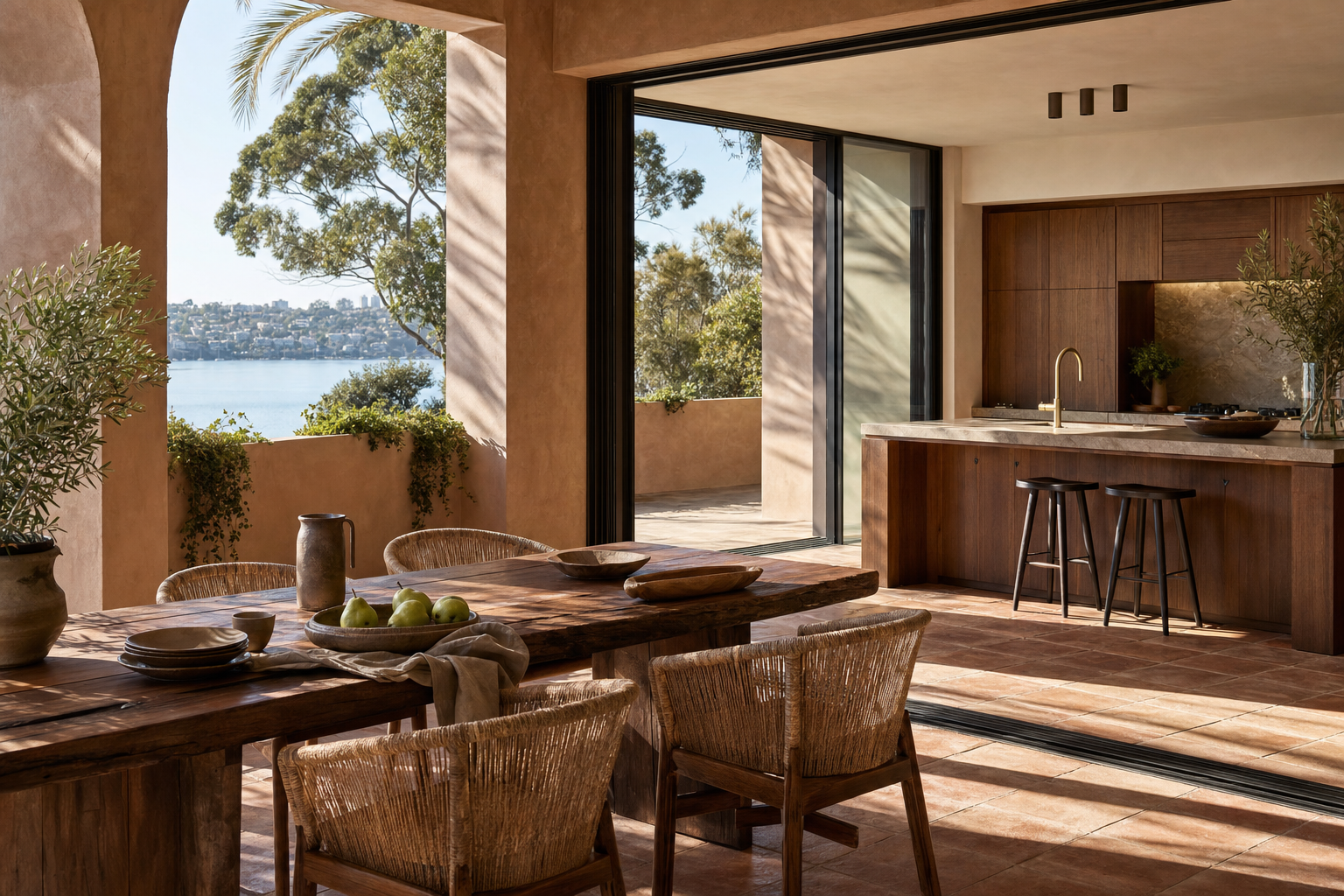 Fadior Sydney 120 sqm Kitchen Apartment — Sydney balcony dining setting with table, jute chairs, kitchen island, cabinet finish, terrace plants, and harbour water