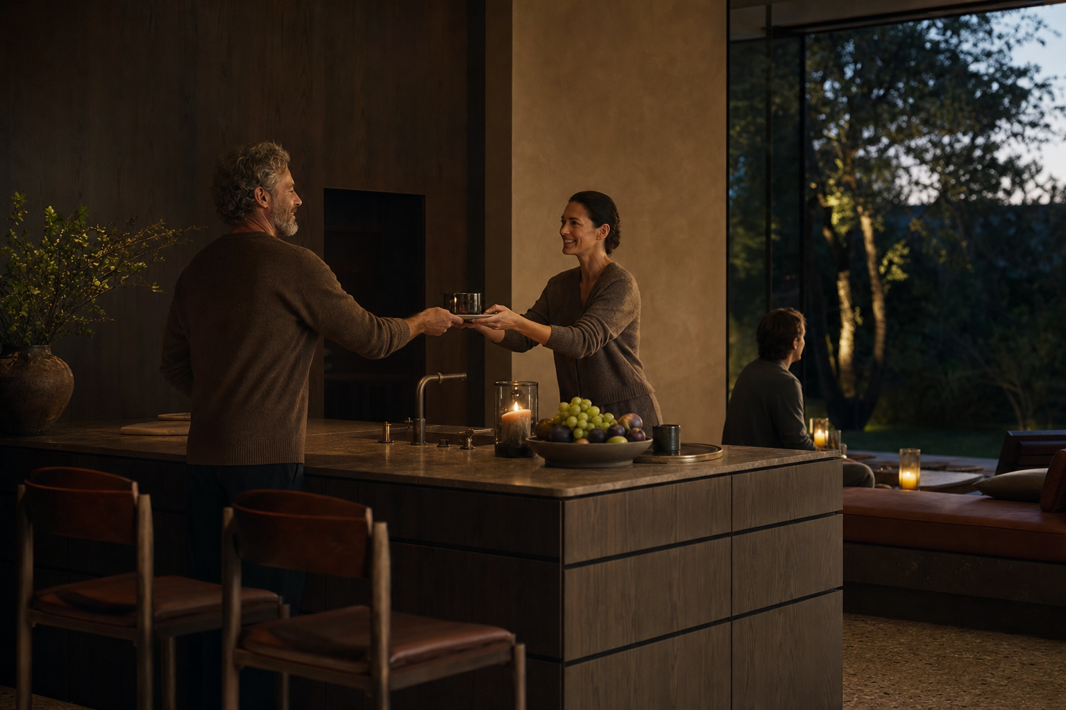 Fadior Budapest 450 sqm Kitchen Villa - island, tray, terrace door, leather banquette