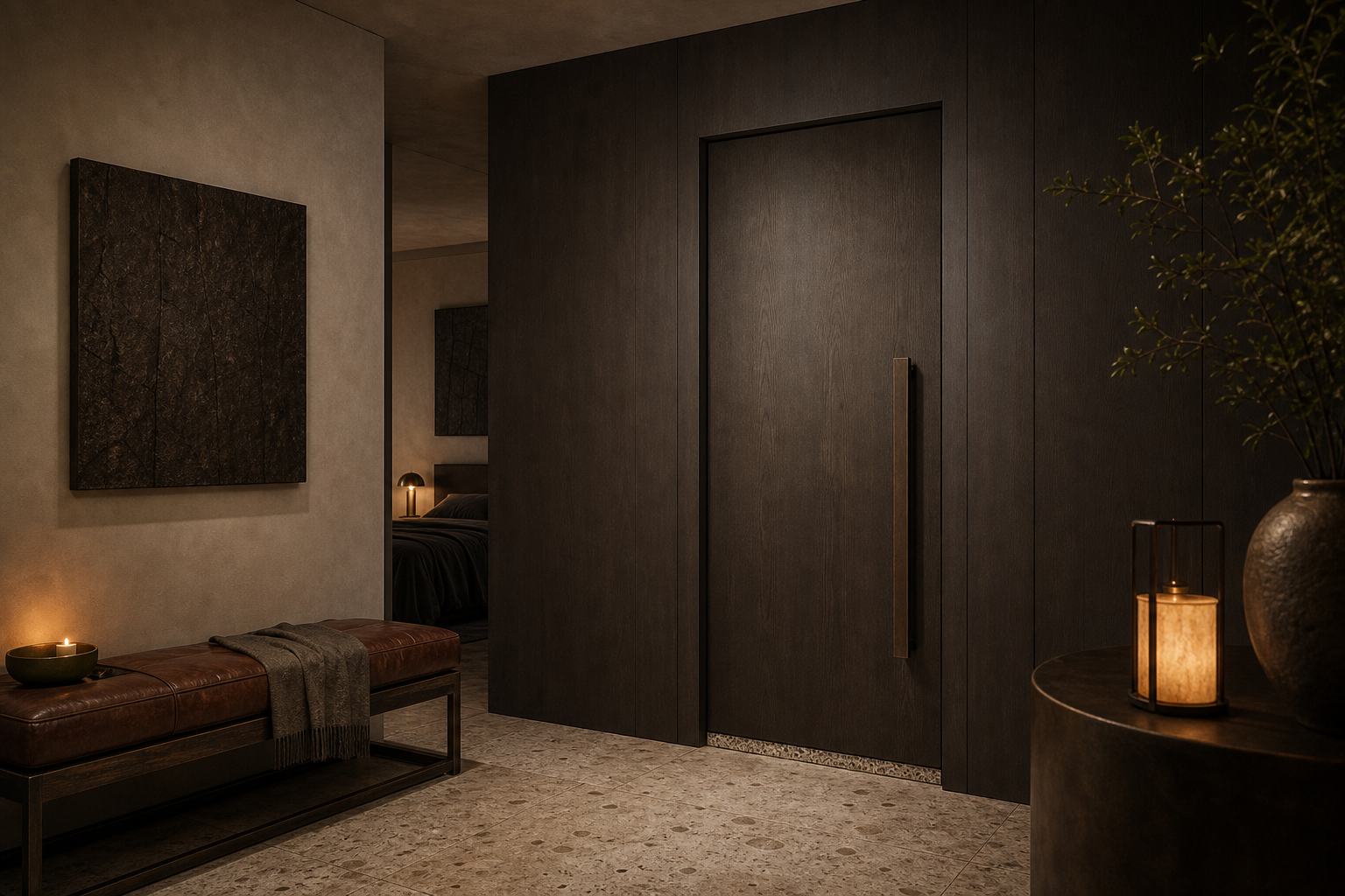 Fadior Silhouette Interior Door with Bronze Threshold Pivot Sequence — lifestyle setting with natural light and residential styling