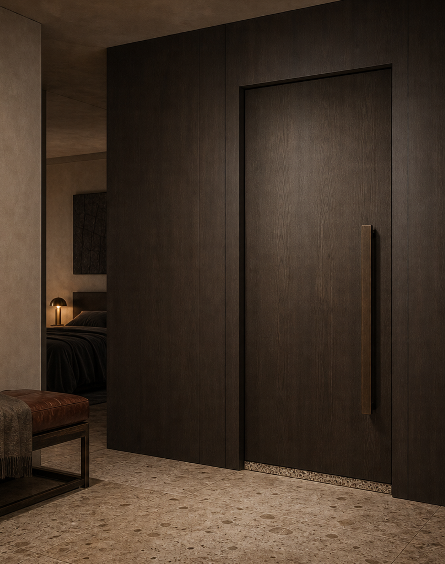 Fadior Silhouette Interior Door with Bronze Threshold Pivot Sequence — lifestyle setting with natural light and residential styling