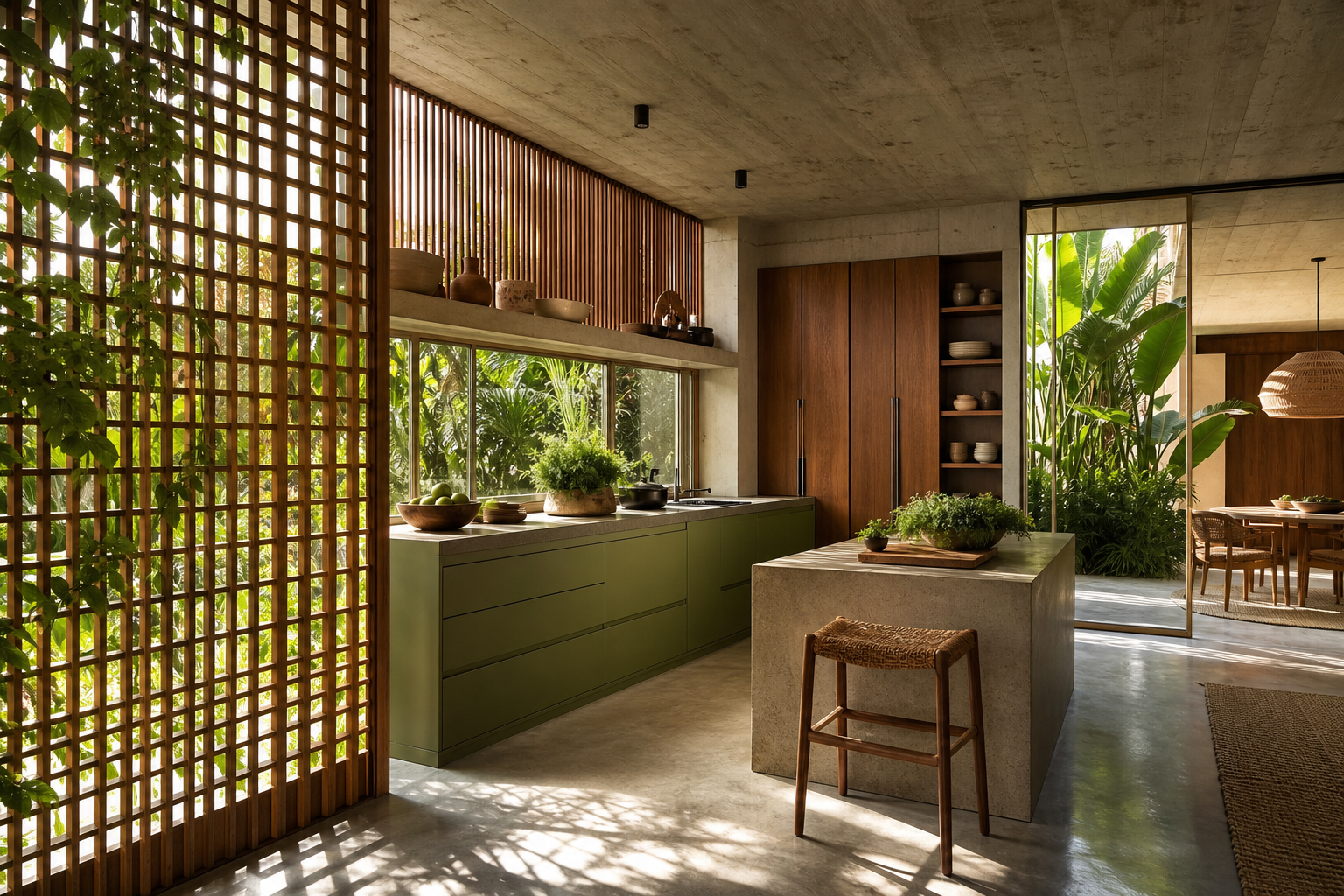 Fadior Milan 120 sqm Kitchen Penthouse — Milan kitchen workspace with counter, island, cabinet wall, concrete floor, hardwood screen, and plant-filtered window