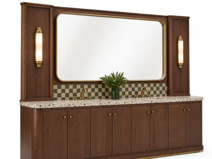 Fadior Nacre Bath and Vanity Suite with Panel-Ready Grooming Console — 304 stainless steel bath and vanity system, front view