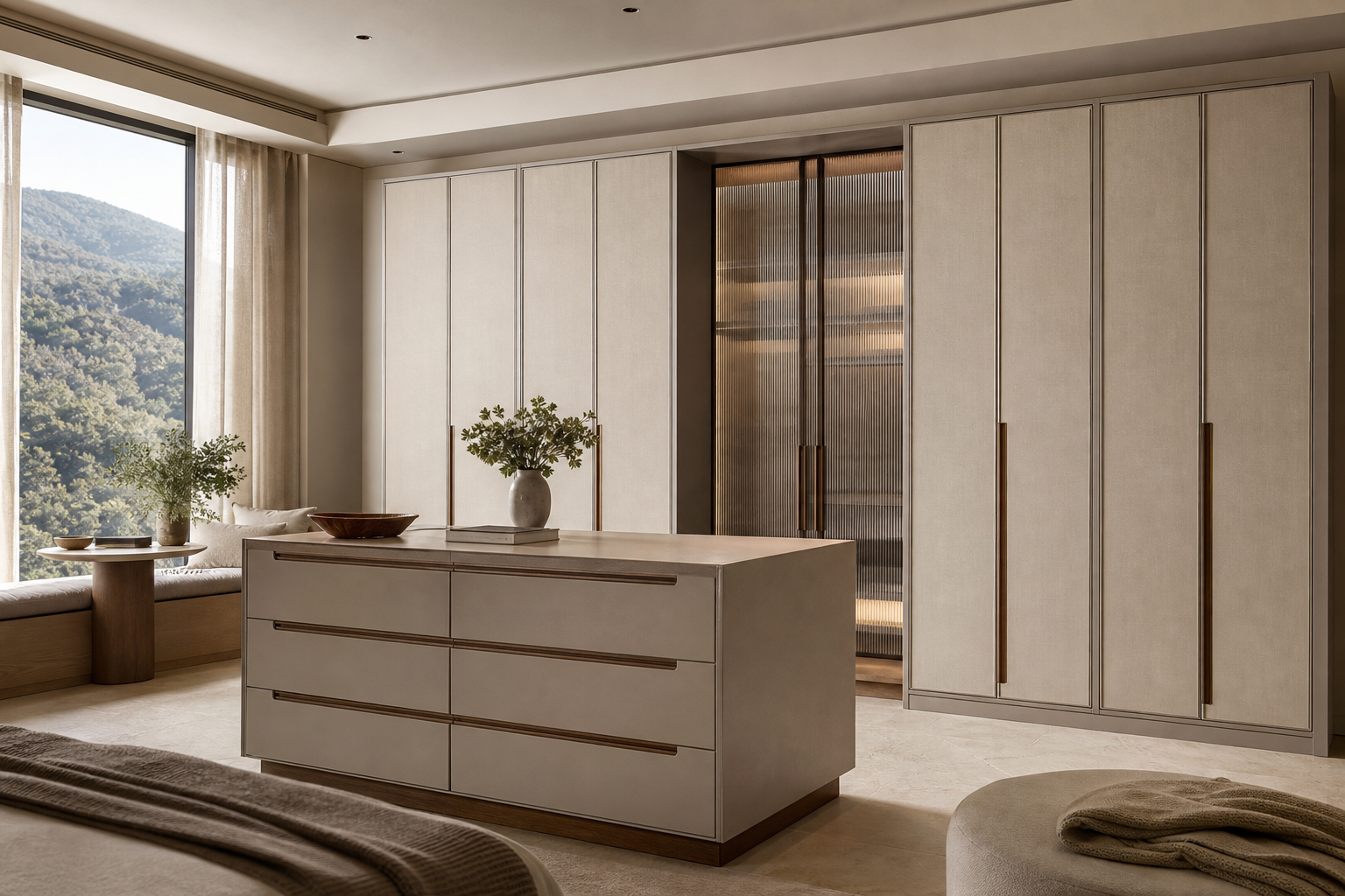 Fadior Elementum Wardrobe Suite with Reeded Glass Valet Arcade — interior room context showing cabinet integration