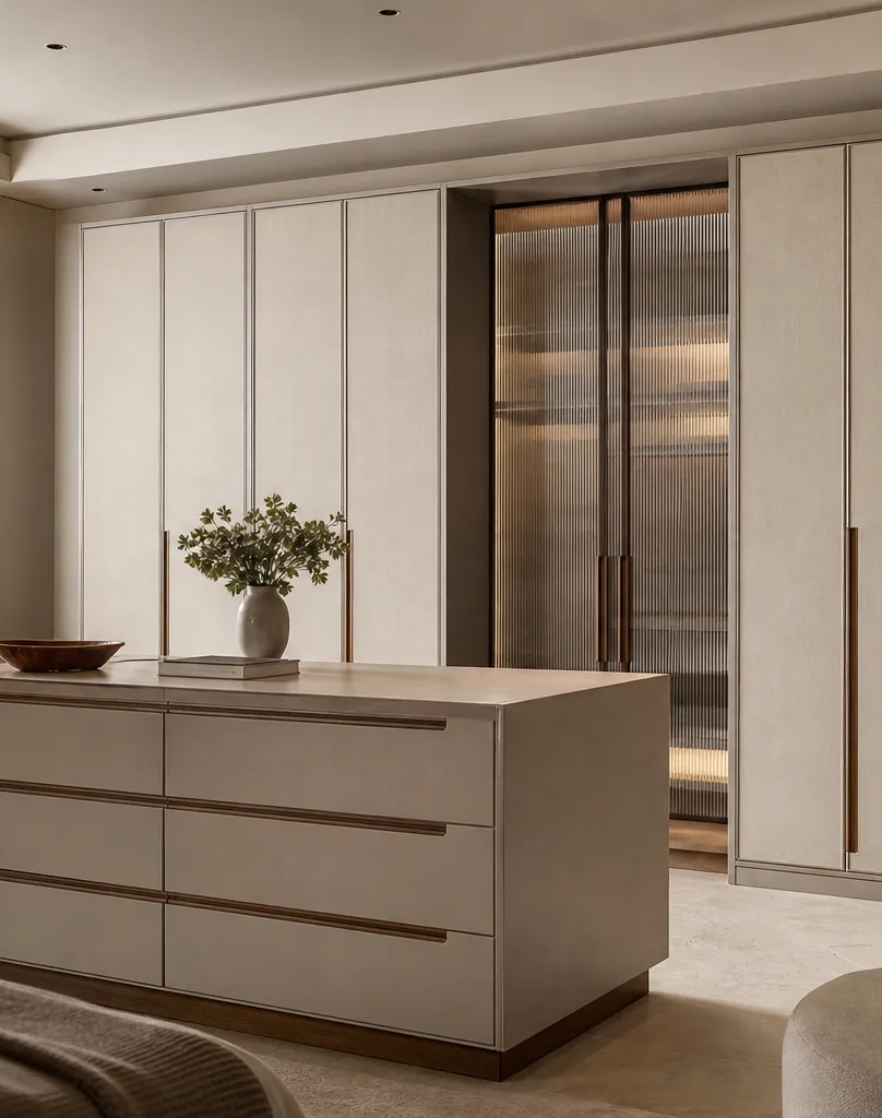 Fadior Elementum Wardrobe Suite with Reeded Glass Valet Arcade — interior room context showing cabinet integration