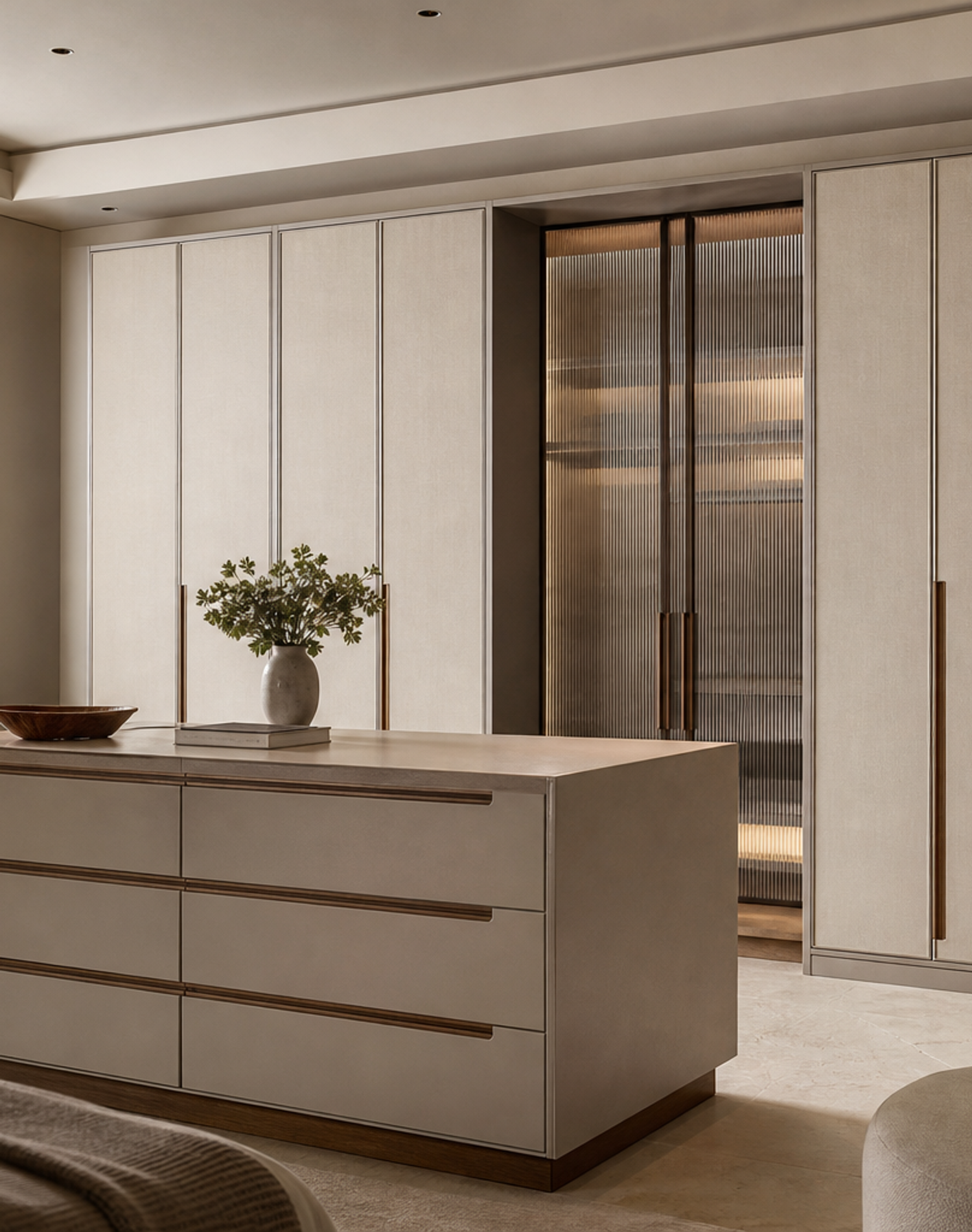 Fadior Elementum Wardrobe Suite with Reeded Glass Valet Arcade — interior room context showing cabinet integration