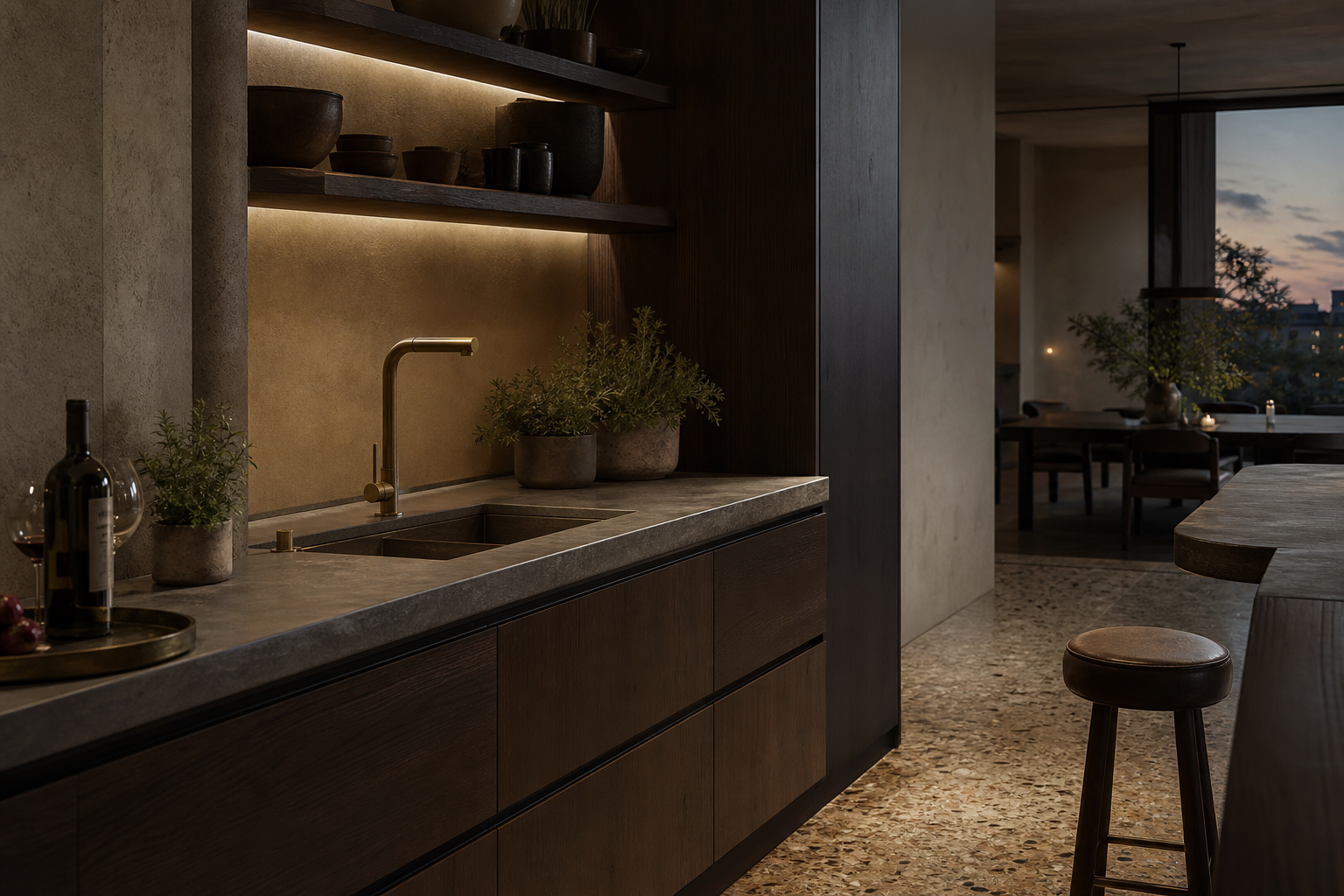 Fadior Siena Skyline Penthouse — Siena kitchen workstation with sink counter, smoked oak drawers, open shelf, herb pots,