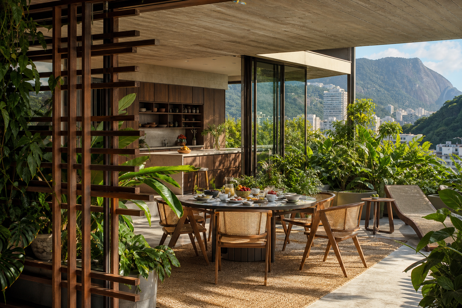 Fadior Rio de Janeiro 240 sqm Kitchen Penthouse — terrace table, cane chairs, tropical plants, glass wall, mountain view