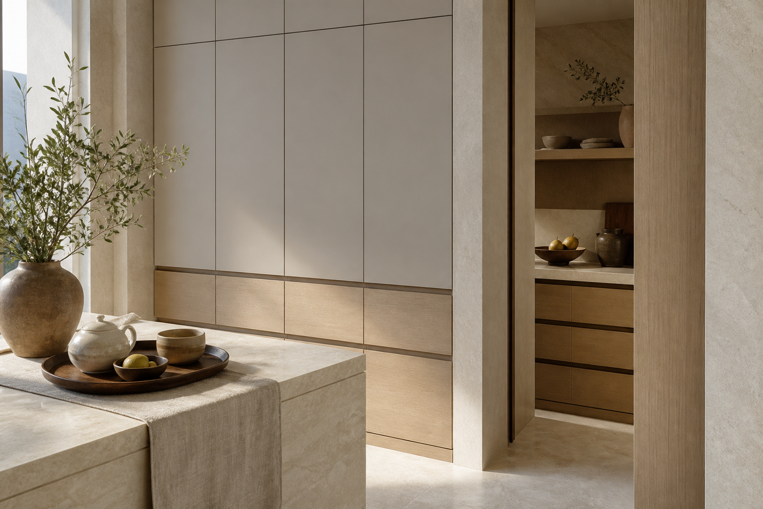 Warm neutral pantry storage surfaces with concealed cabinet planes