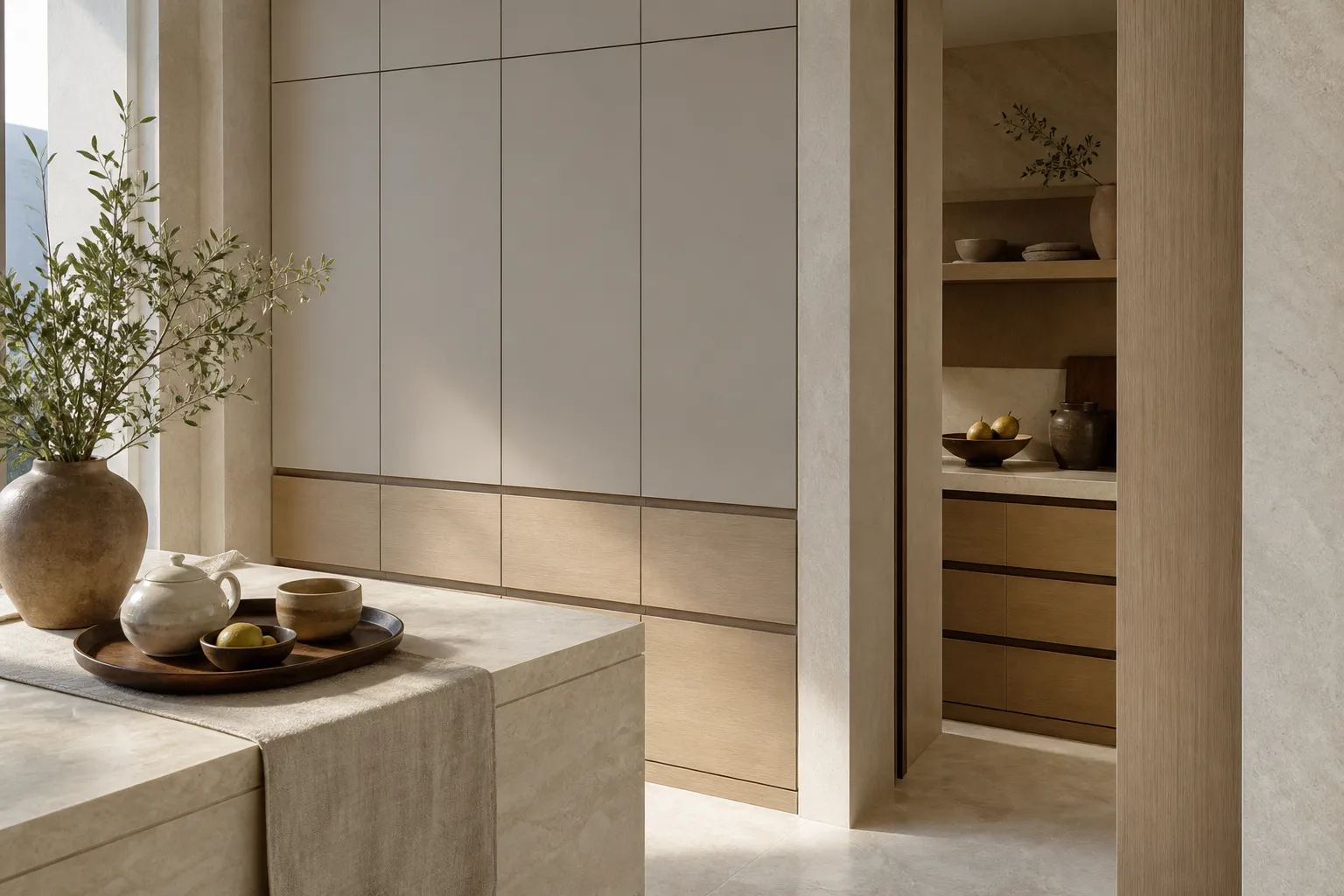 Warm neutral pantry storage surfaces with concealed cabinet planes