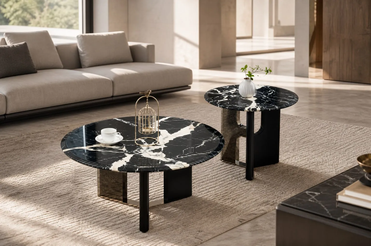 Black Marble and Solid Wood Table Set Ø80+Ø55 cm