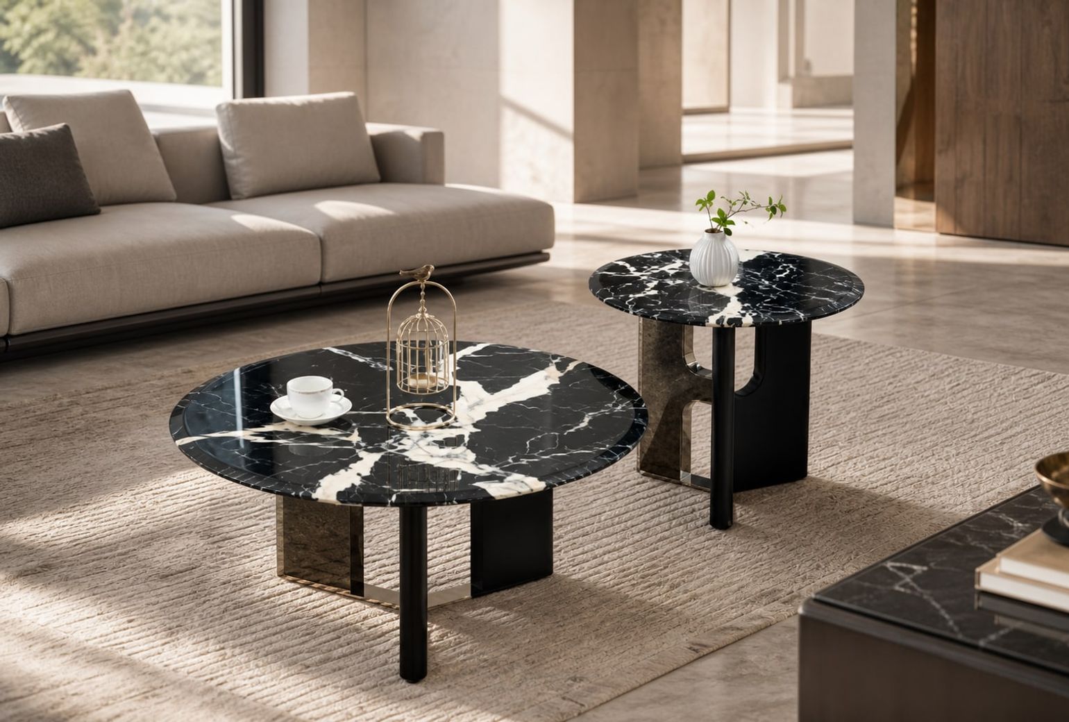 Stone-Top Coffee Table (Bulgari Black marble) styled in a FADIOR HOME interior setting