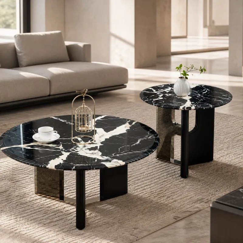 Black Marble and Solid Wood Table Set Ø80+Ø55 cm