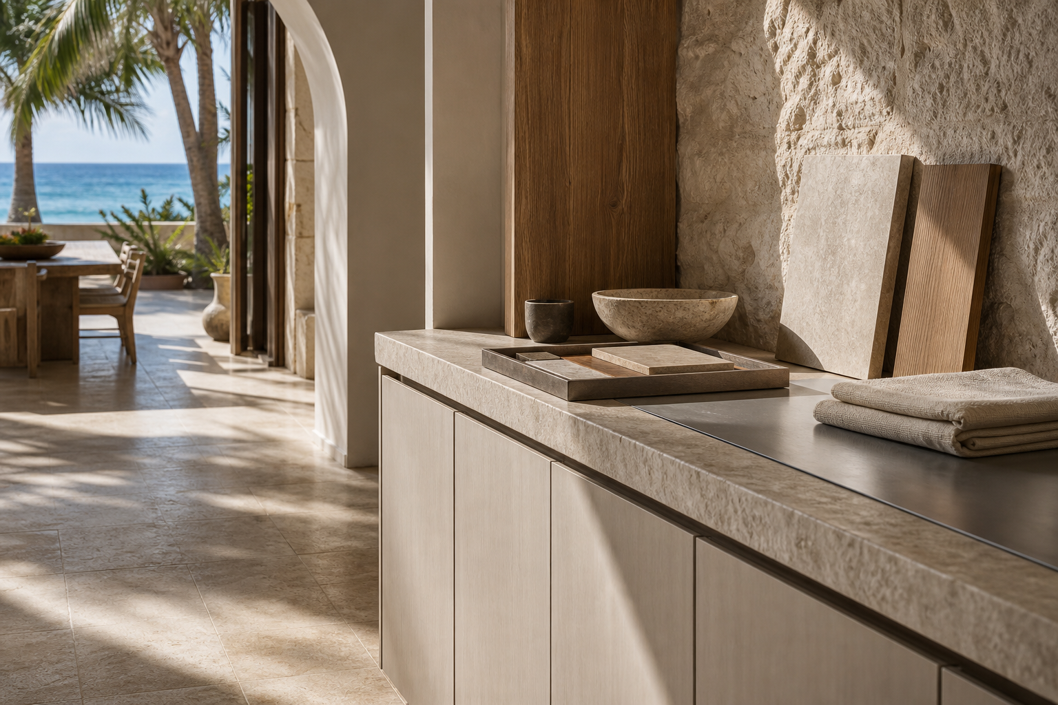 Fadior Miami Garden Courtyard Villa — Miami material study with stone counter, sample tray, wood cabinet face, limestone wall, folded linen, ceramic bowl, travertine floor, and ocean doorway
