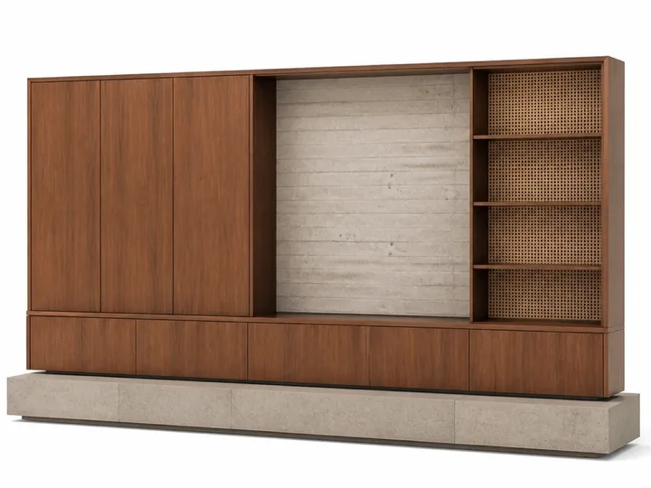 Fadior Zenith Living Room Suite with Concrete Cane Media Plinth — 304 stainless steel living room system, front view