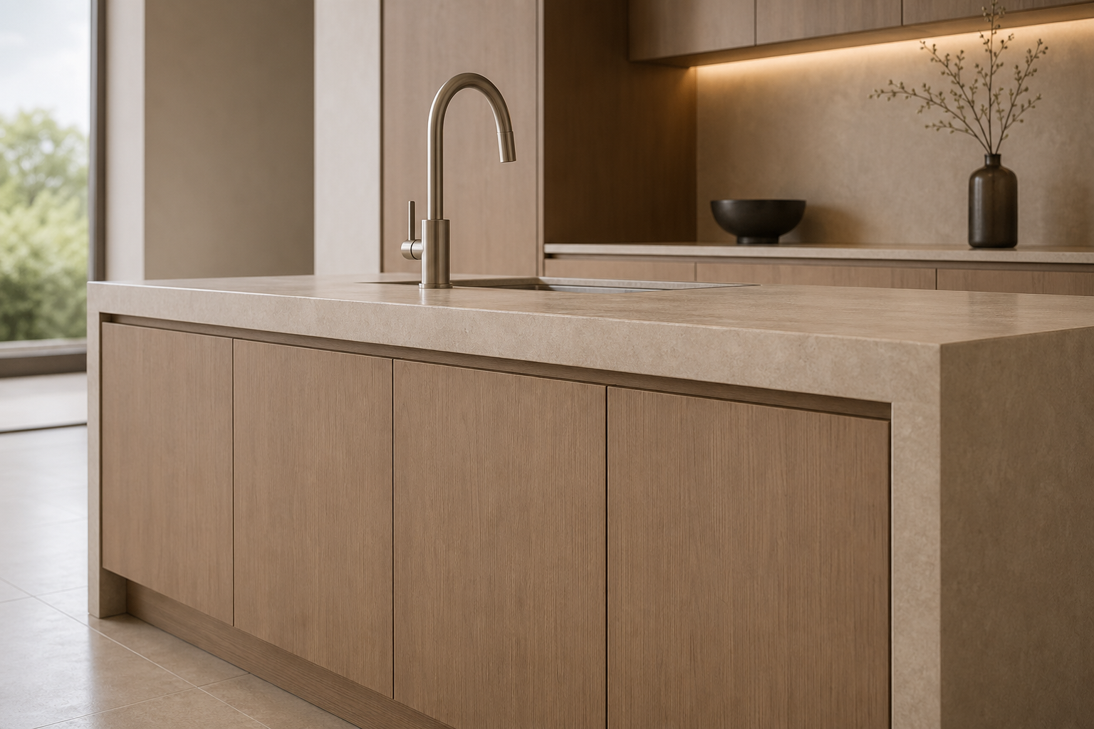 Fadior Riviera Kitchen Suite with Sculpted Tap Island Axis — close-up of stainless steel finish and hardware detail