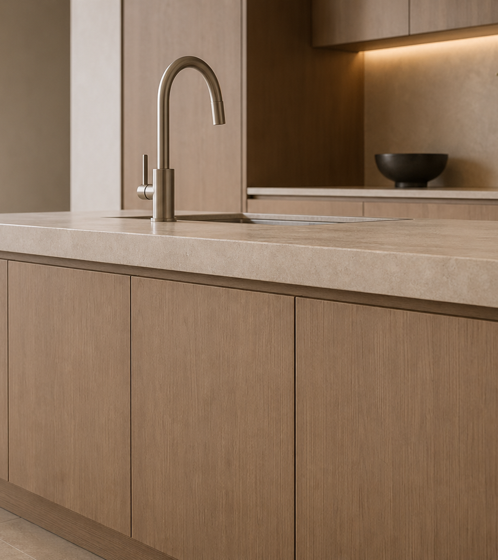 Fadior Riviera Kitchen Suite with Sculpted Tap Island Axis — close-up of stainless steel finish and hardware detail