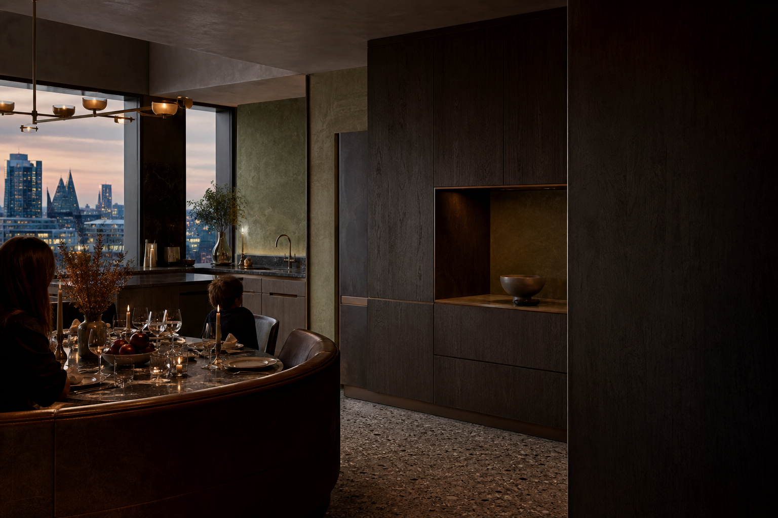 Fadior London 200 sqm Kitchen Bath Penthouse — dinner table, cabinet wall, kitchen sink, skyline window, leather banquette