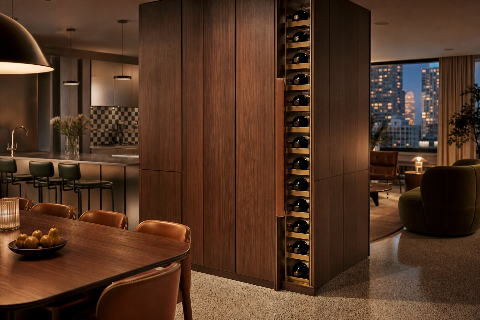 Fadior Gloria Wine Cabinet Suite with Quiet Brass Bottle Spine — interior room context showing cabinet integration