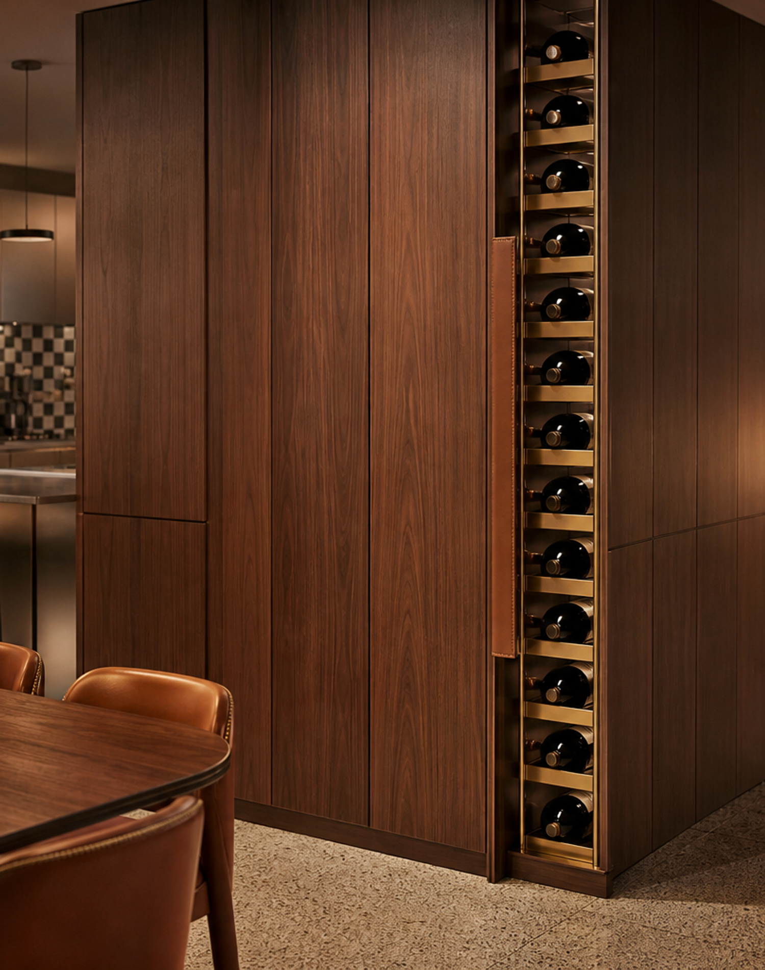 Fadior Gloria Wine Cabinet Suite with Quiet Brass Bottle Spine — interior room context showing cabinet integration