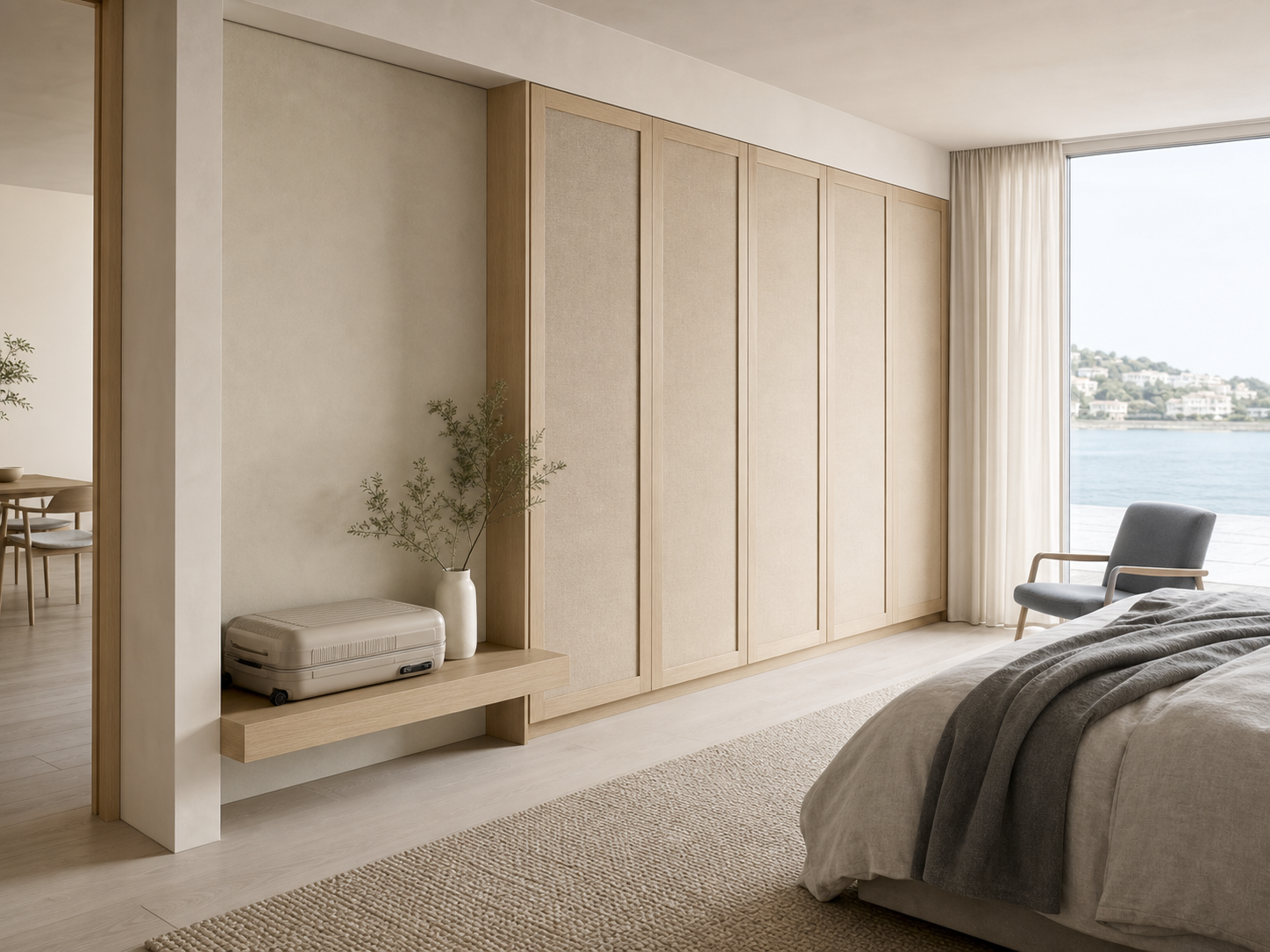 Fadior Canopy Wardrobe Suite with Floating Luggage Valet Wall — interior room context showing cabinet integration