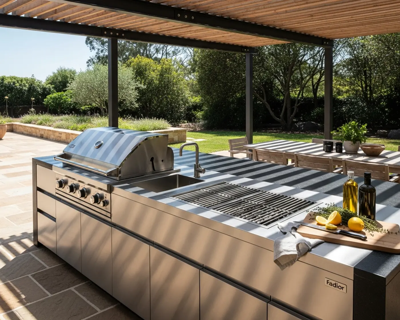 304 stainless steel outdoor kitchen with grill, sink, prep counter, and covered garden terrace