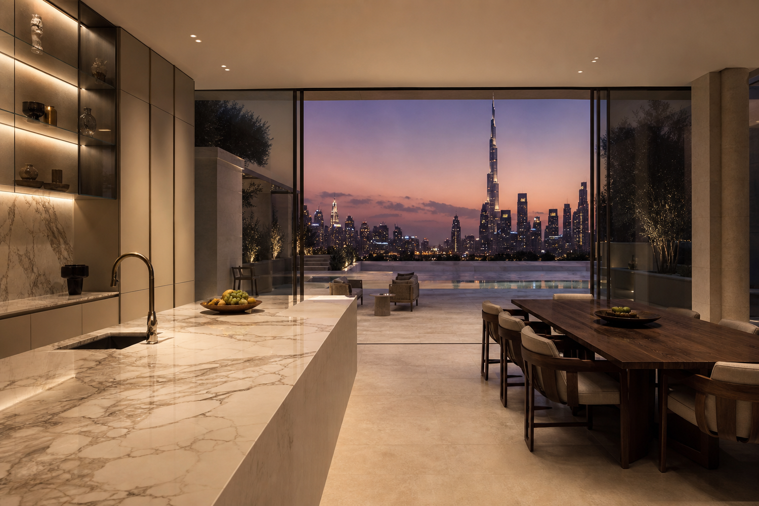 Fadior Dubai 290 sqm Kitchen Villa — terrace counter, glass door, walnut chairs, desert skyline