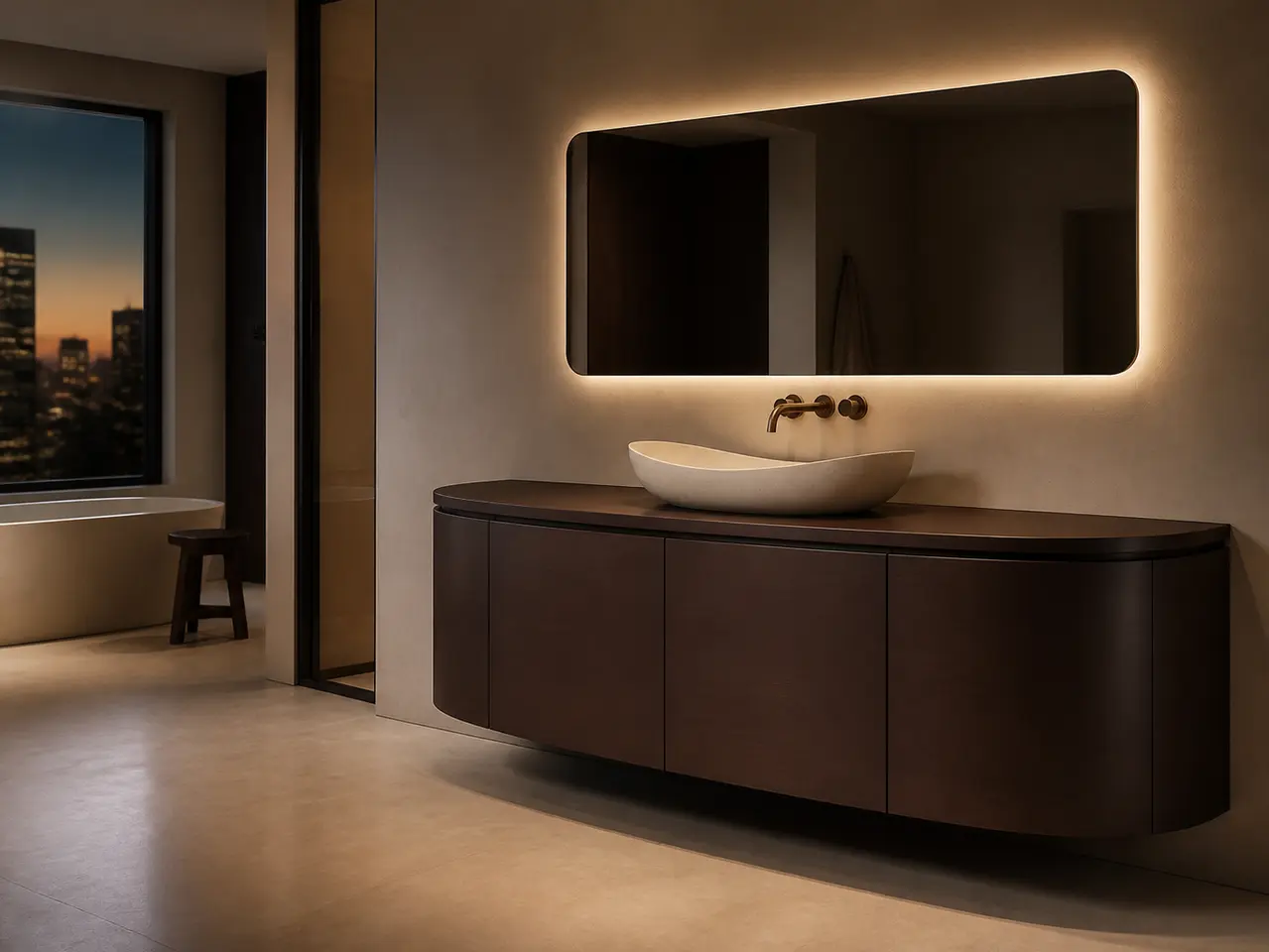Conjunto de lavabo y tocador Verve con consola de pila en media luna