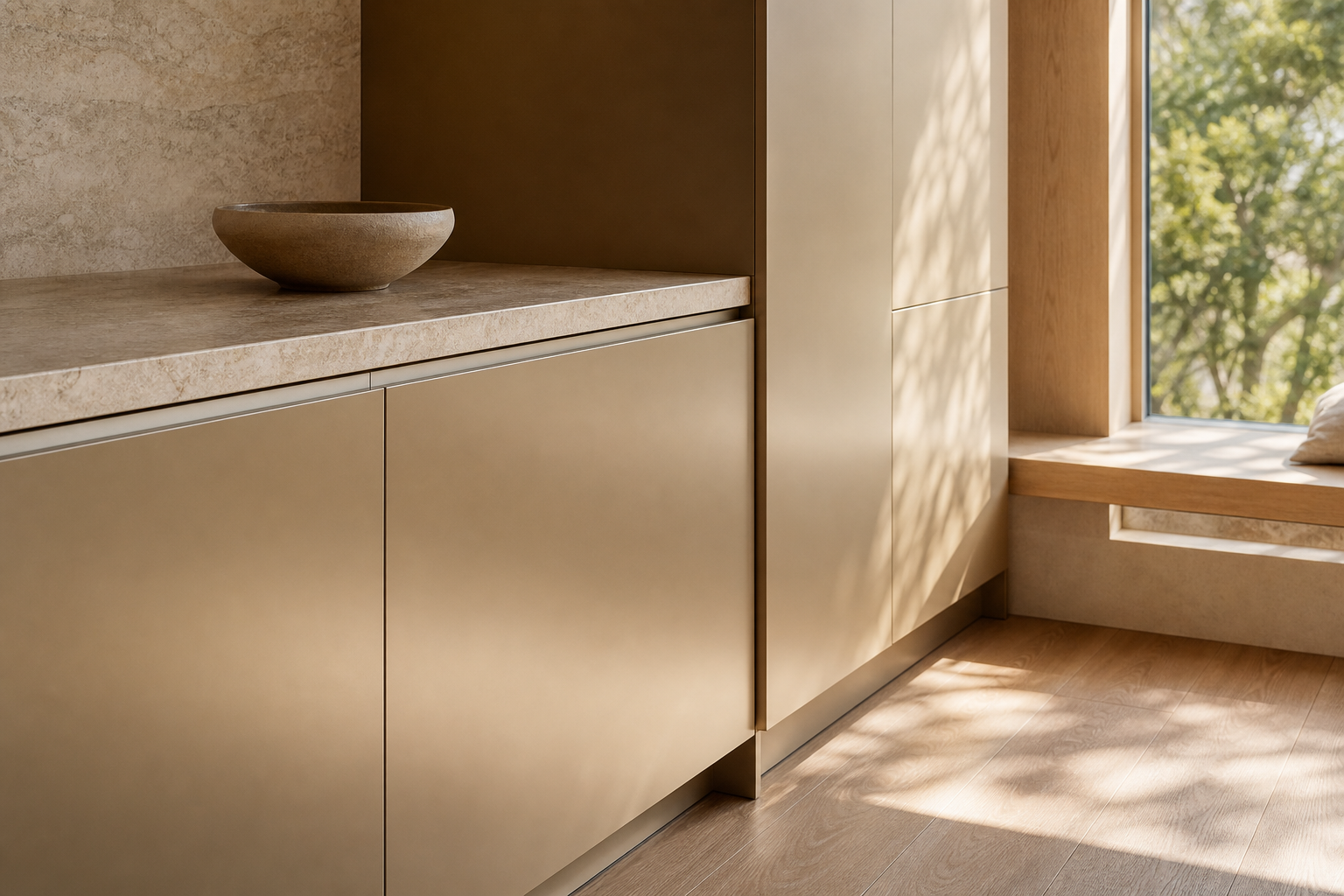 Fadior A Kitchen that Remembers: Marrying Australian Stainless Steel Craftsmanship with Minimalist Japanese Design — champagne cabinet fronts, stone counter, ceramic bowl, oak trim, window bench, timber floor