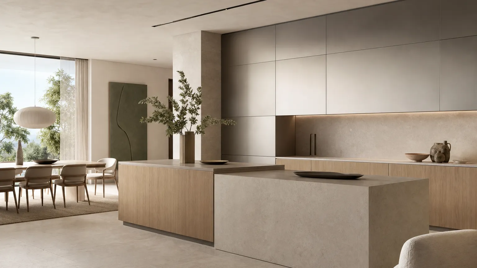 Fadior Kitchen atmosphere: open-plan home with warm oak-grain fronts, pale stone, satin silver-toned cabinetry,