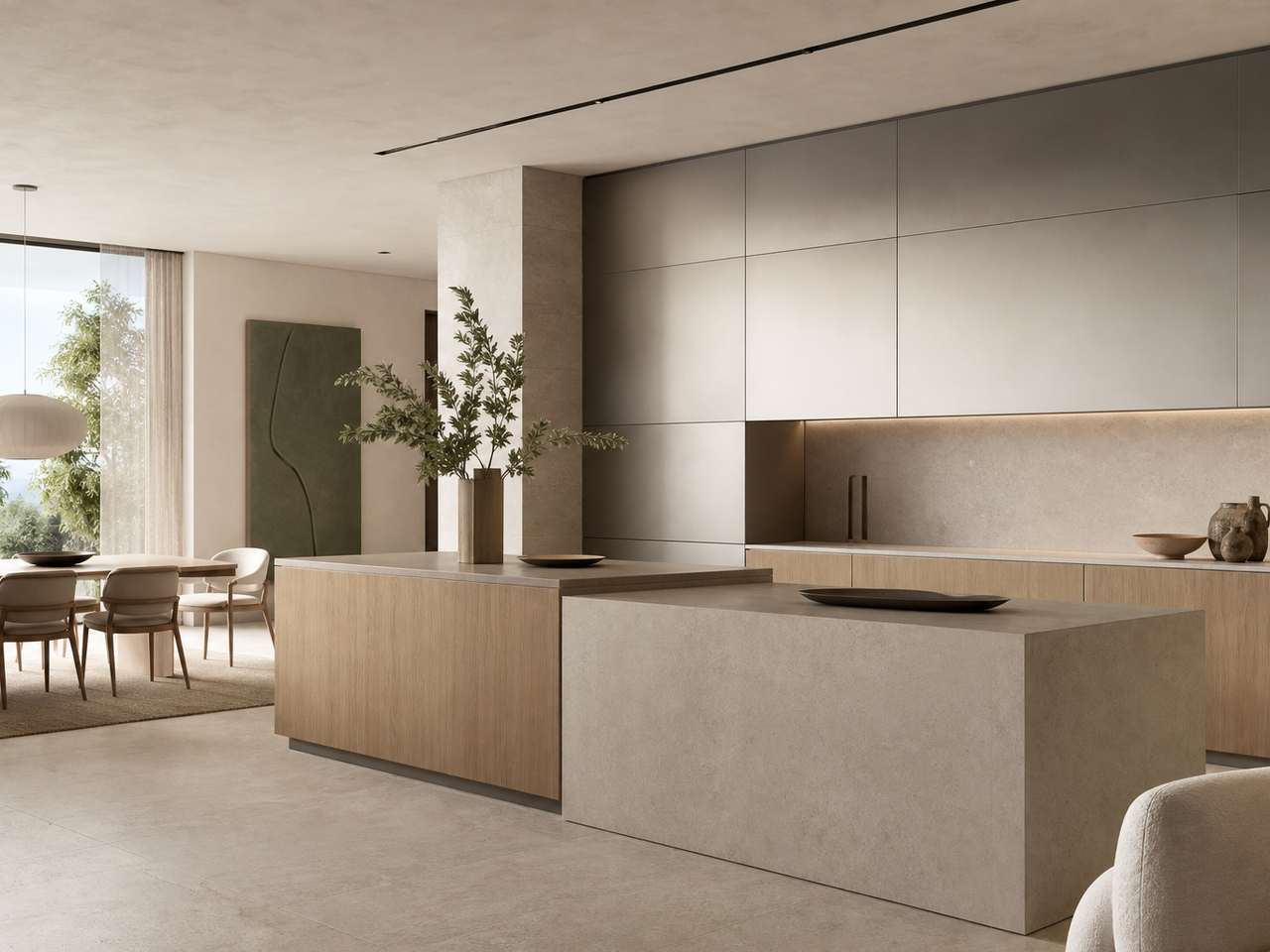Kitchen atmosphere: open-plan home with warm oak-grain fronts, pale stone, satin silver-toned cabinetry, and exhibition-stage calm. — 304 stainless steel cabinetry editorial by Fadior