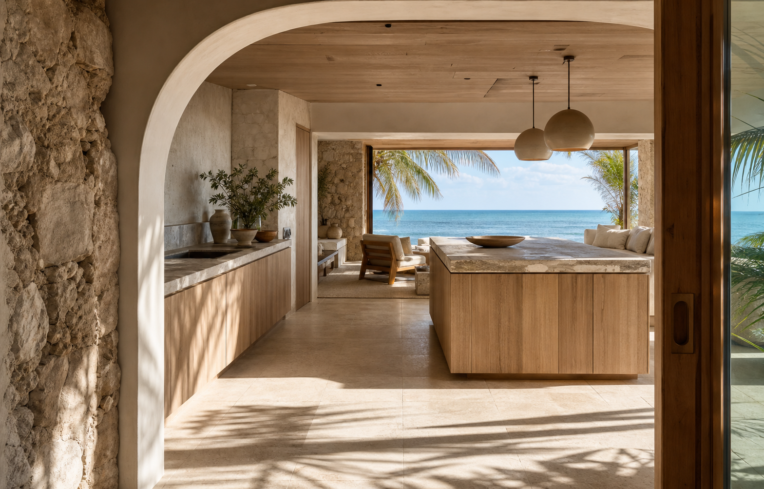 Fadior Miami Boutique Suite Hotel — Miami finish study with timber cabinet face, stone island edge, limestone wall,