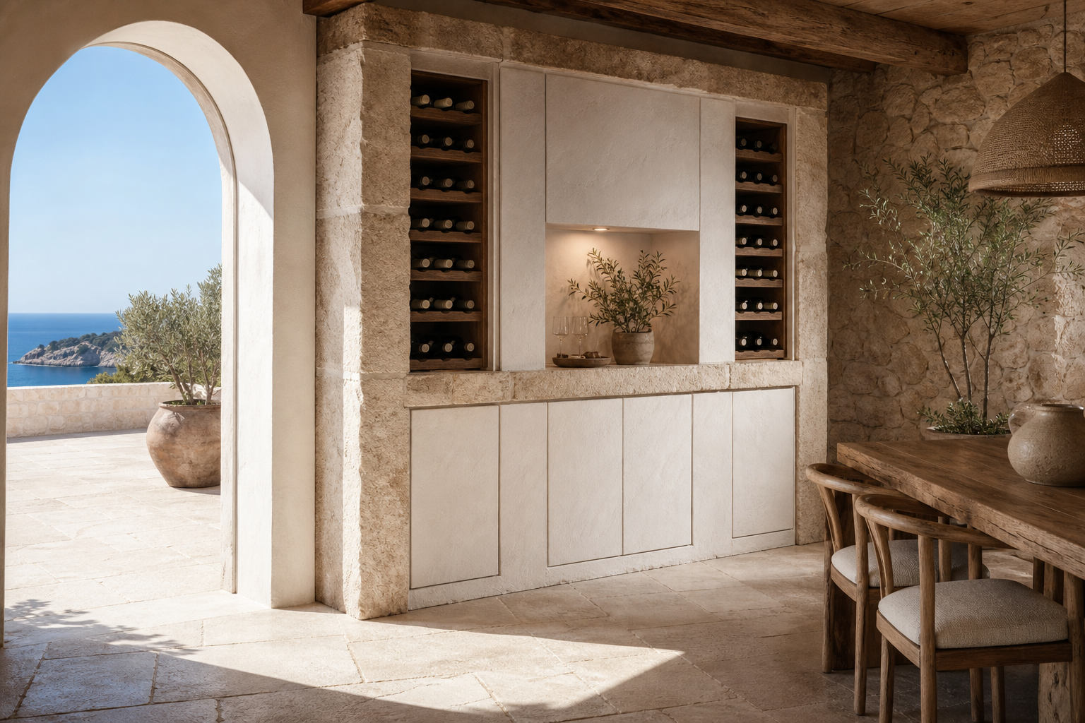 Fadior Grotto Wine Cabinet Suite with Terrazzo Tasting Niche — interior room context showing cabinet integration