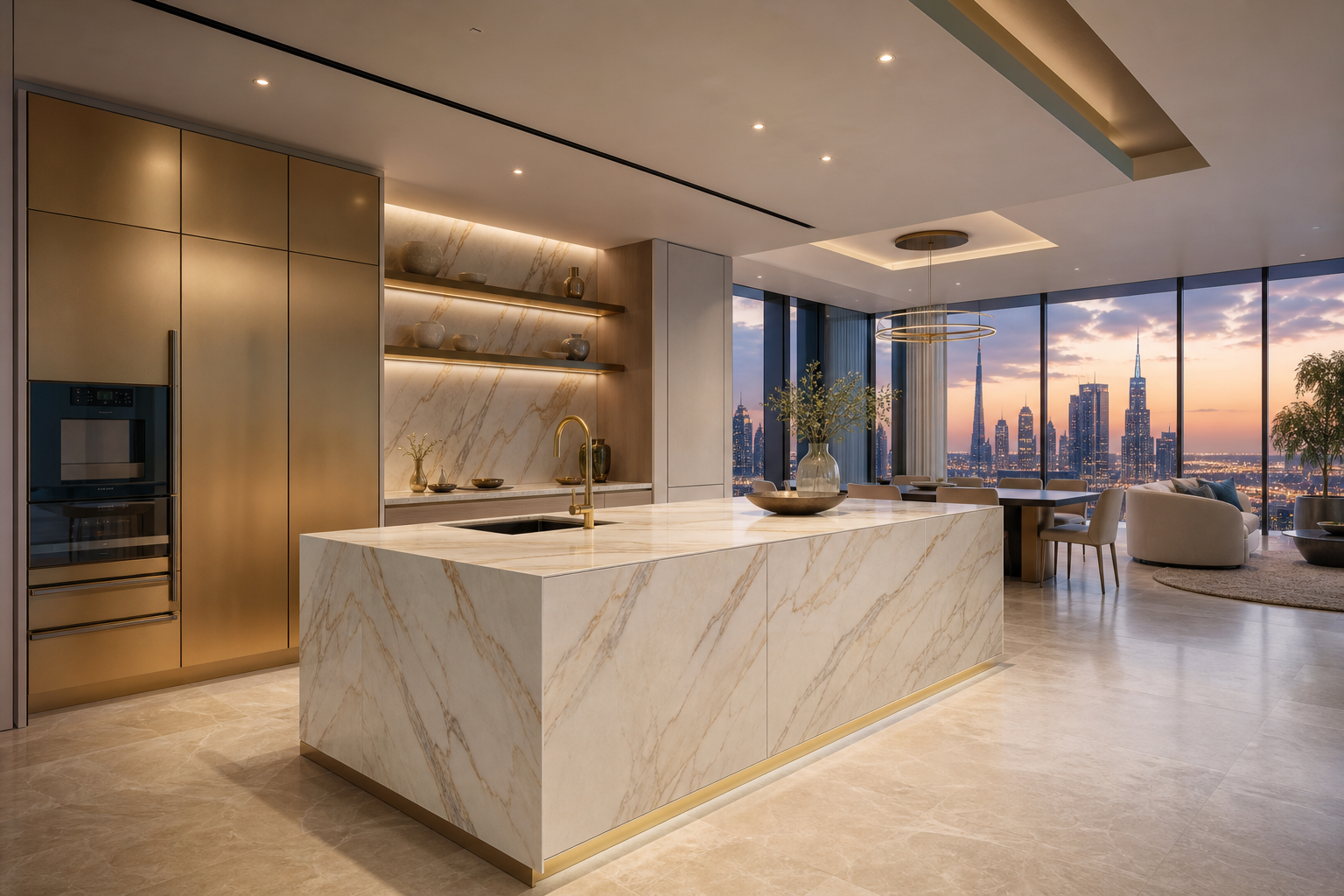 Fadior Pavilion Champagne Marble Island Kitchen — interior room context showing cabinet integration