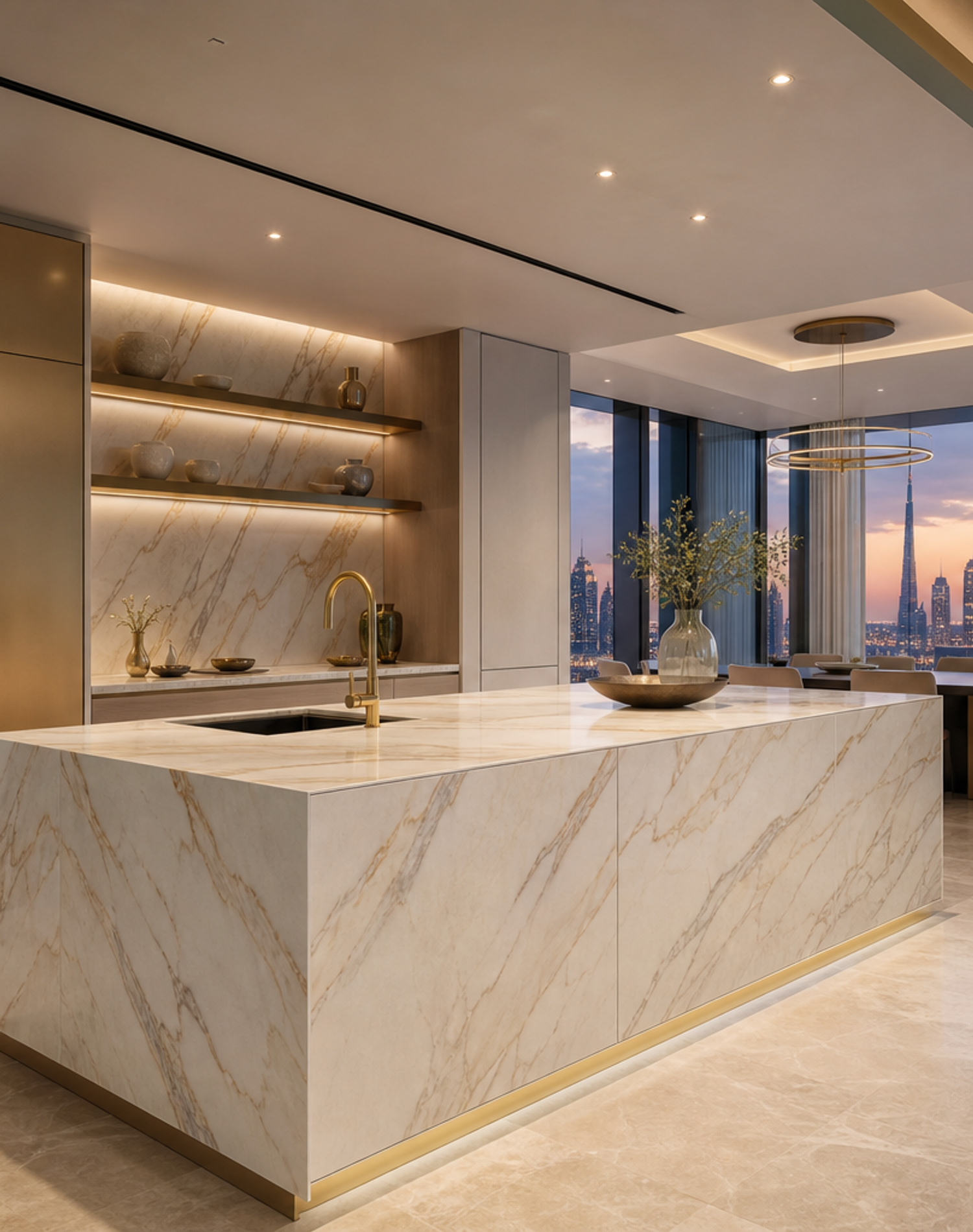 Fadior Pavilion Champagne Marble Island Kitchen — interior room context showing cabinet integration