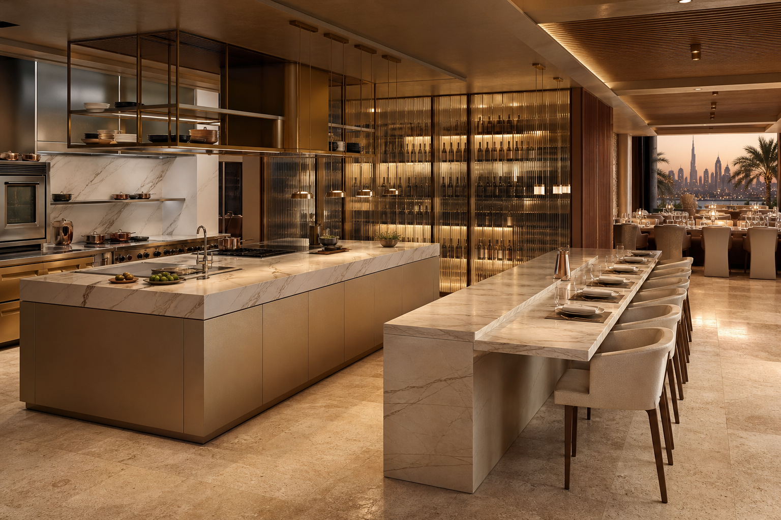 Fadior Dubai Chef Table Commercial Kitchen — kitchen island, marble counter, wine wall, palm skyline — 304 stainless steel cabinetry installation by Fadior