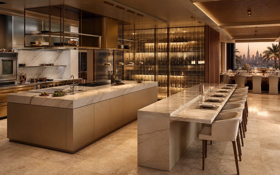 Fadior Dubai Chef Table Commercial Kitchen — kitchen island, marble counter, wine wall, palm skyline — 304 stainless steel cabinetry installation by Fadior