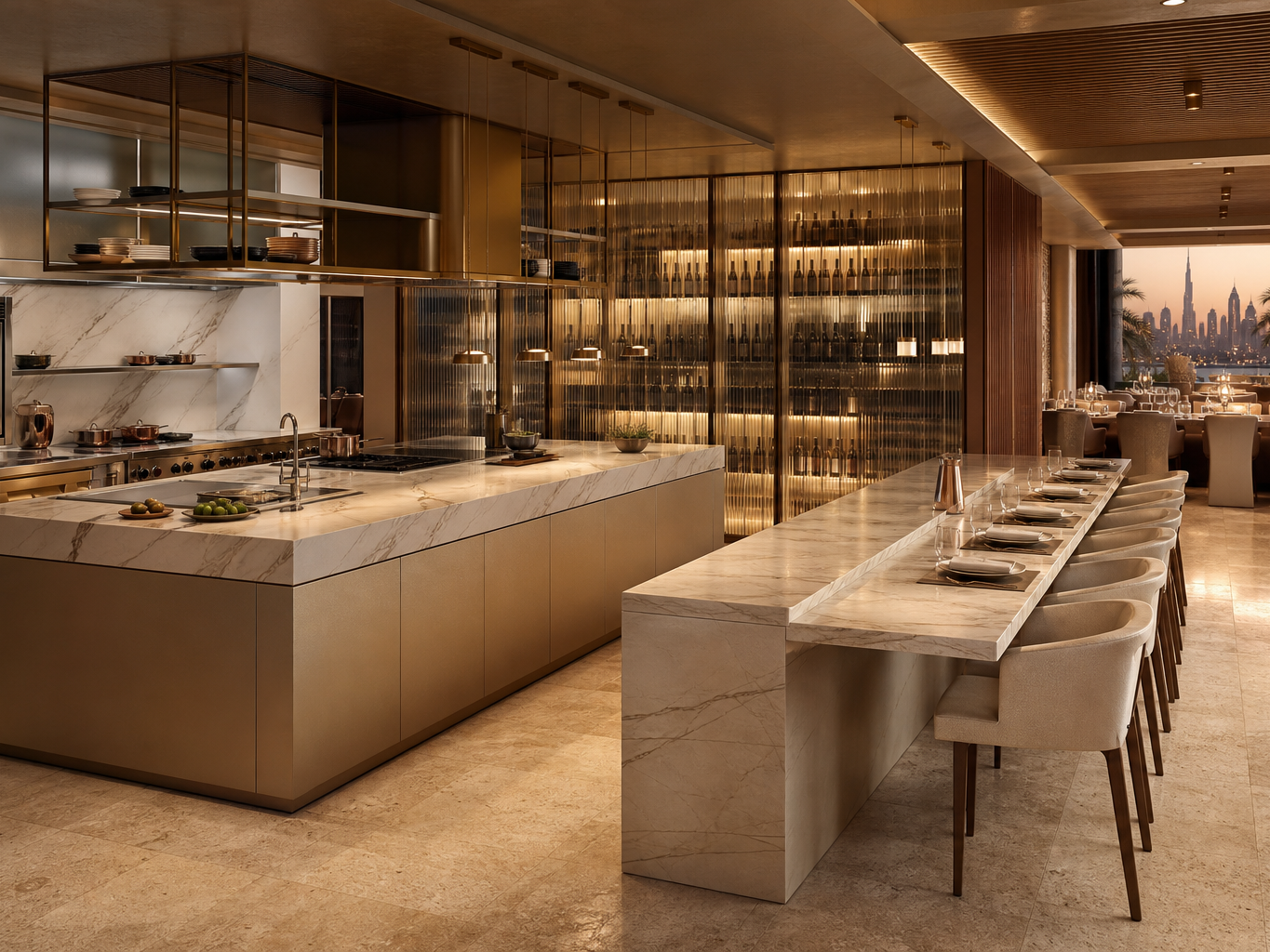 Fadior Dubai Chef Table Commercial Kitchen — kitchen island, marble counter, wine wall, palm skyline