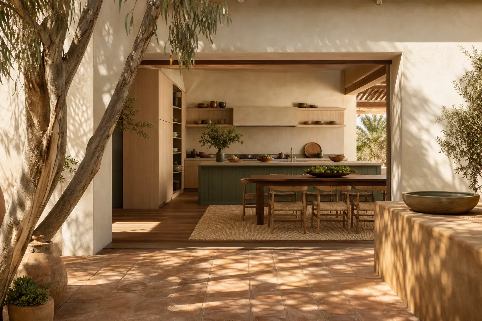 Finished courtyard kitchen and dining setting showing storage calm for daily use