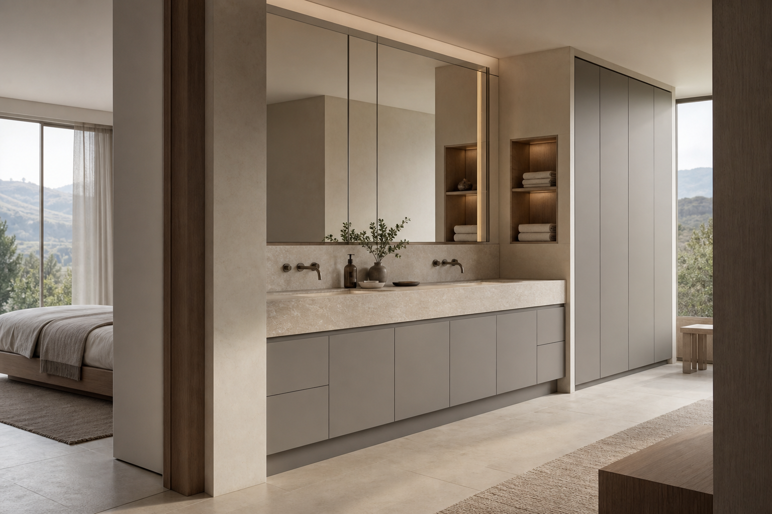 Fadior Verve Bath and Vanity Suite with Architectural Spa Vanity — interior room context showing cabinet integration
