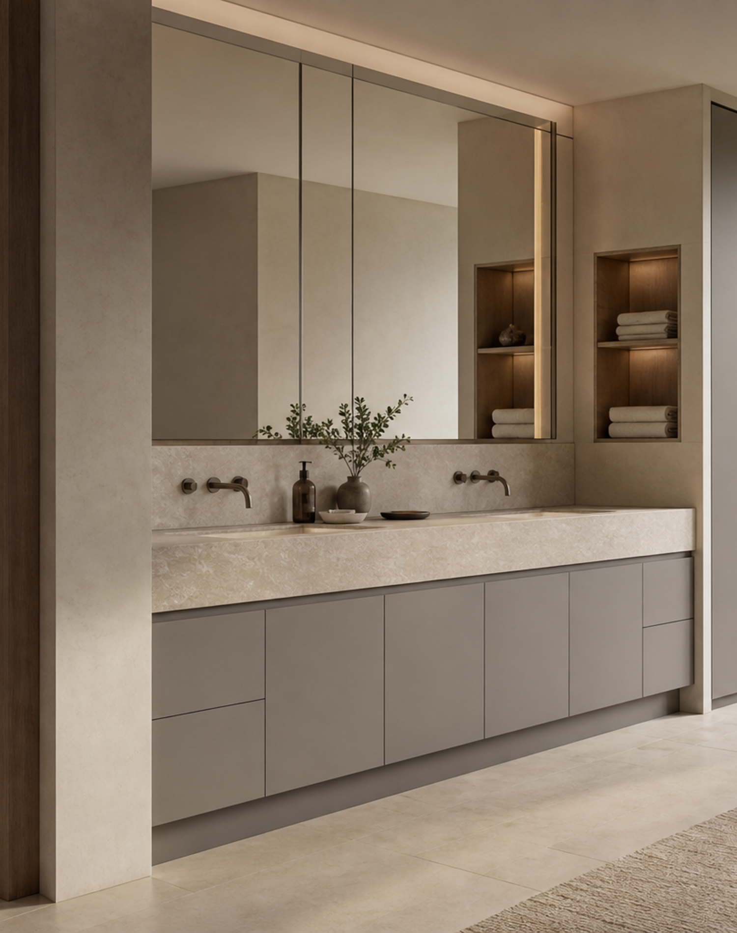 Fadior Verve Bath and Vanity Suite with Architectural Spa Vanity — interior room context showing cabinet integration
