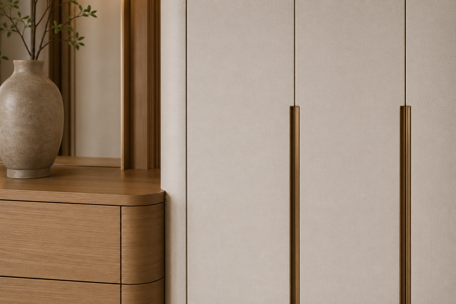 Fadior Canopy Wardrobe Suite with Linen Gallery Dressing Wall — close-up of stainless steel finish and hardware detail