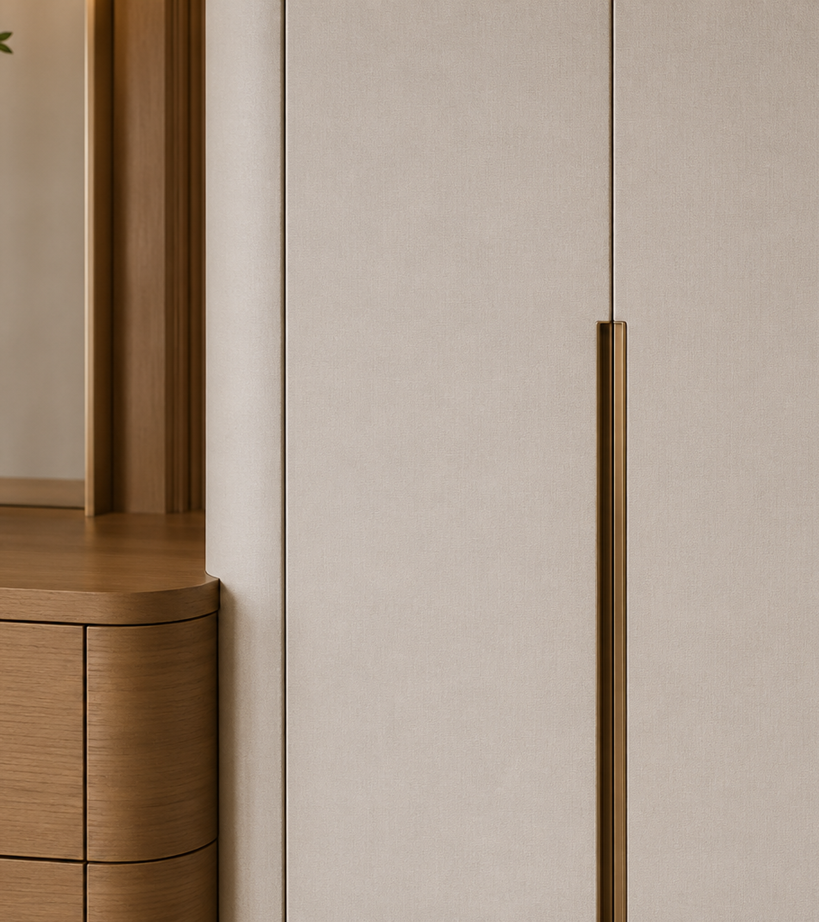 Fadior Canopy Wardrobe Suite with Linen Gallery Dressing Wall — close-up of stainless steel finish and hardware detail