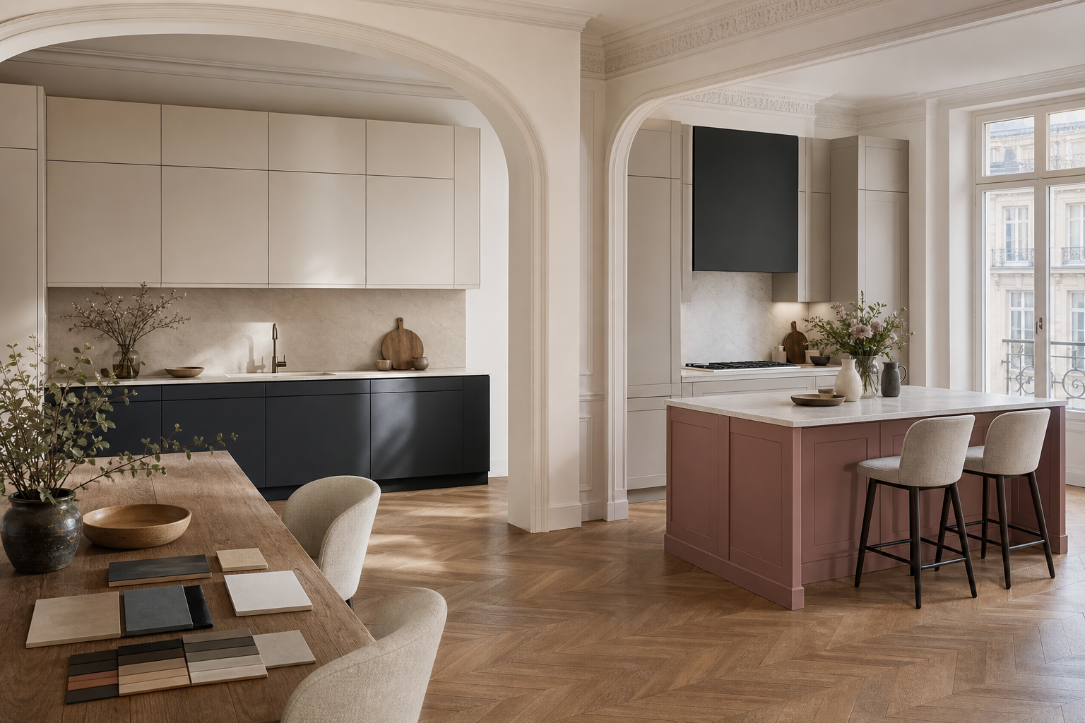 Kitchen comparison scene showing perimeter cabinet contrast and a different island color.